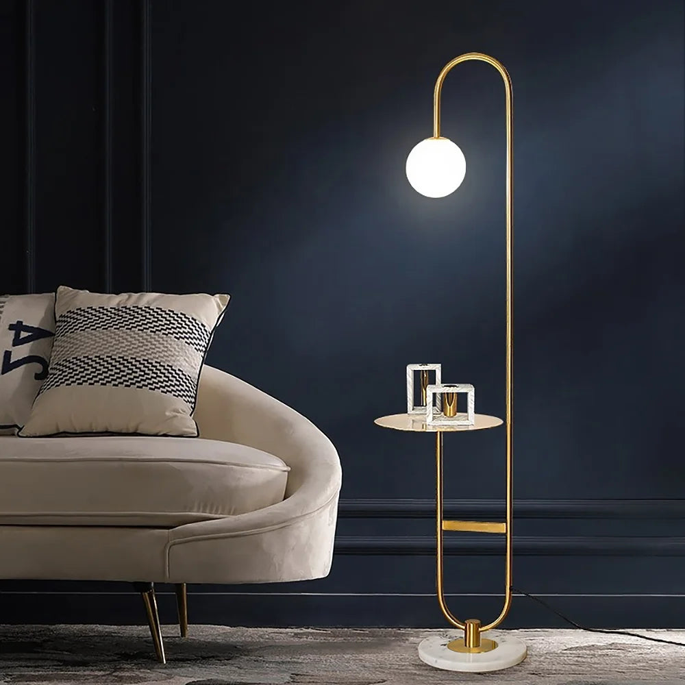 60" Modern Arc Floor Lamp with Shelf Gold Glass Shade Marble Base P7576