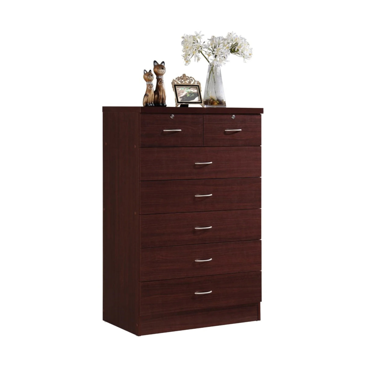 7 Drawer Wooden Dresser Chest with 2 Top Locks, Cherry E98814