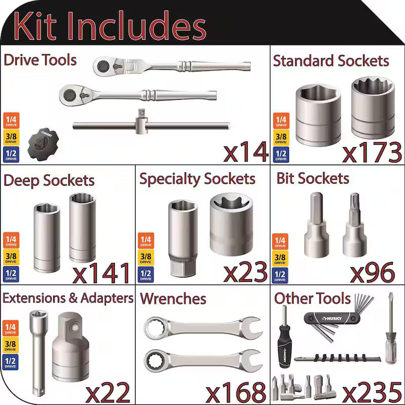 1/4 in., 3/8 in., and 1/2 in. Drive Mechanics Tools Set (872-Piece) T502