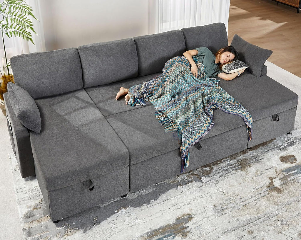Gray Chenille Sleeper Sofa with Storage Chaise D2876