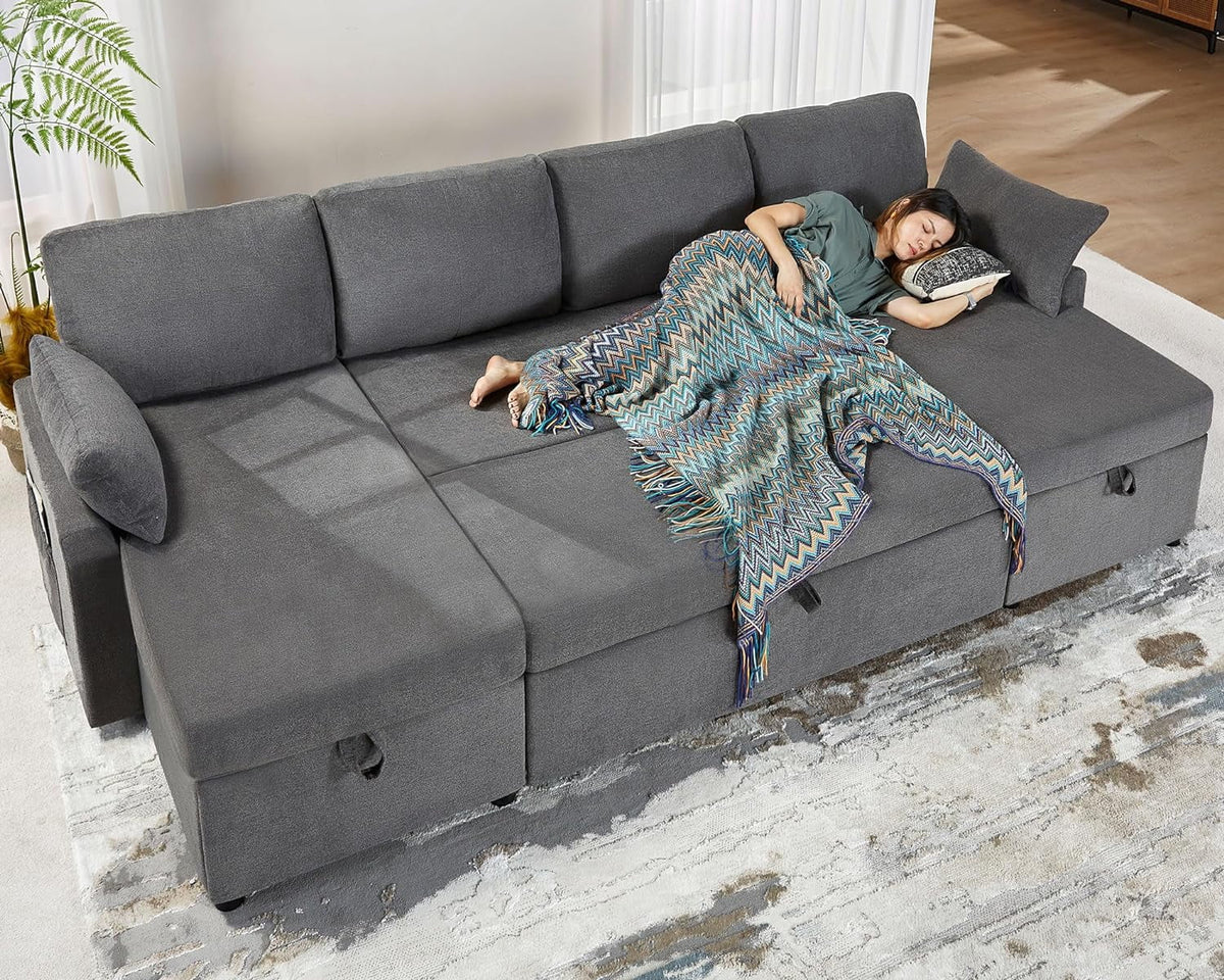Gray Chenille Sleeper Sofa with Storage Chaise D2876