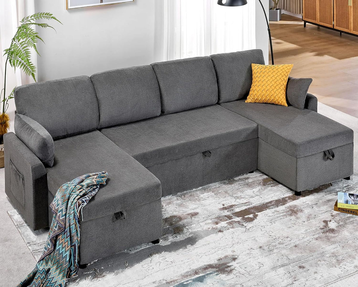Gray Chenille Sleeper Sofa with Storage Chaise D2876