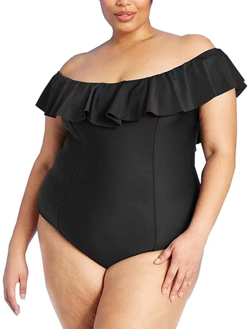 Plus Size Off The Shoulder Ruffled One Piece Swimsuit A148