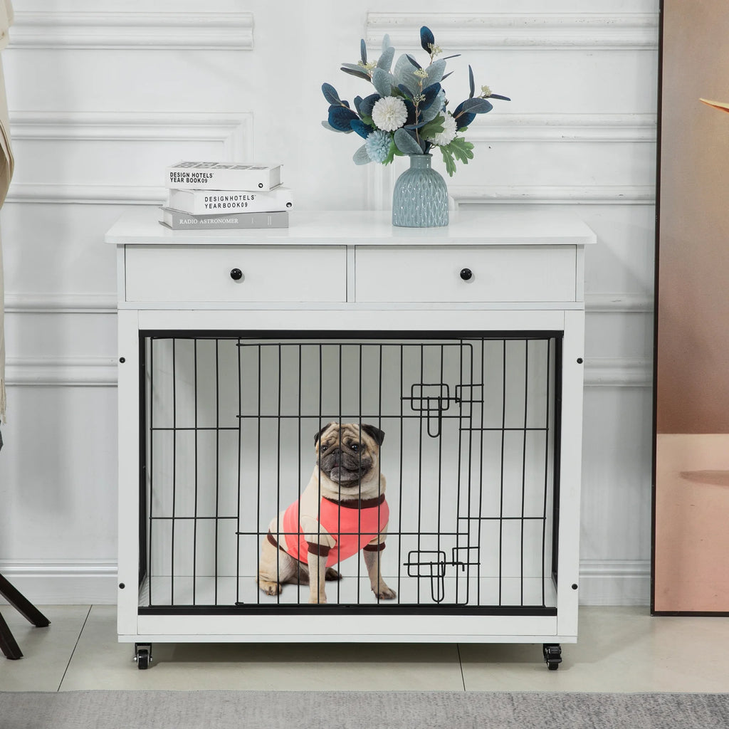 White Wooden Dog Crate Furniture with Drawer H159