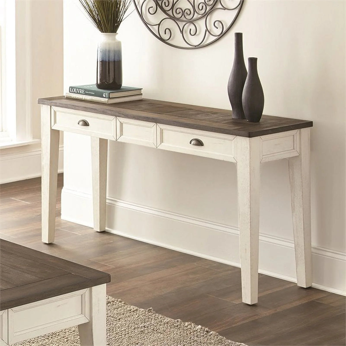 Farmhouse Wood Console Table in Dark Oak and White K8277
