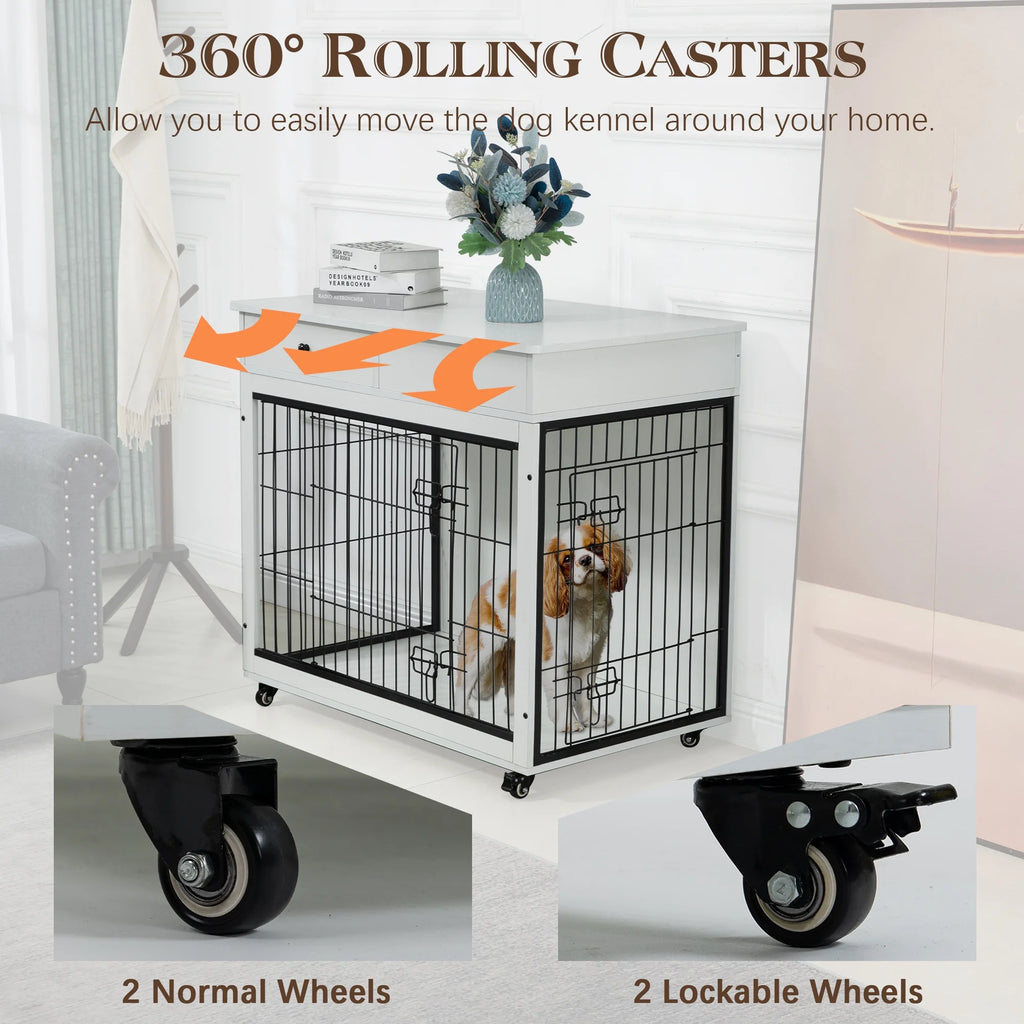 White Wooden Dog Crate Furniture with Drawer H159