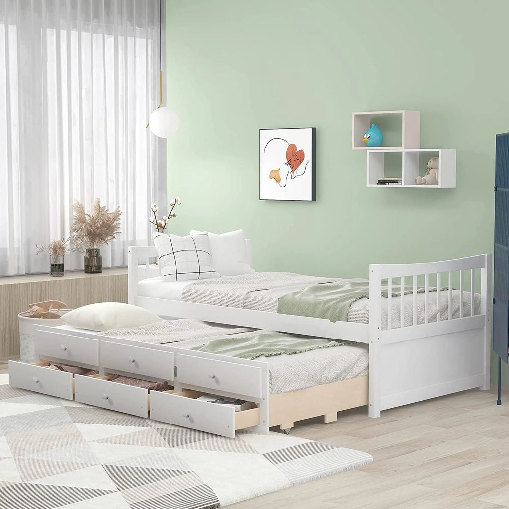 White Wood Daybed with Trundle and Drawers U3702