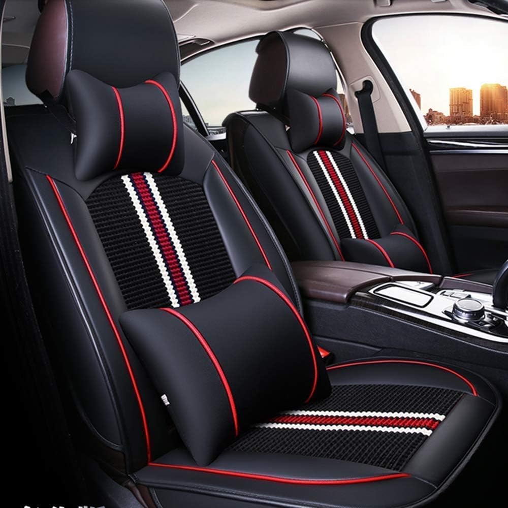 Custom Car Seat Cover Full Set Needlework PU Leather Black White R7052