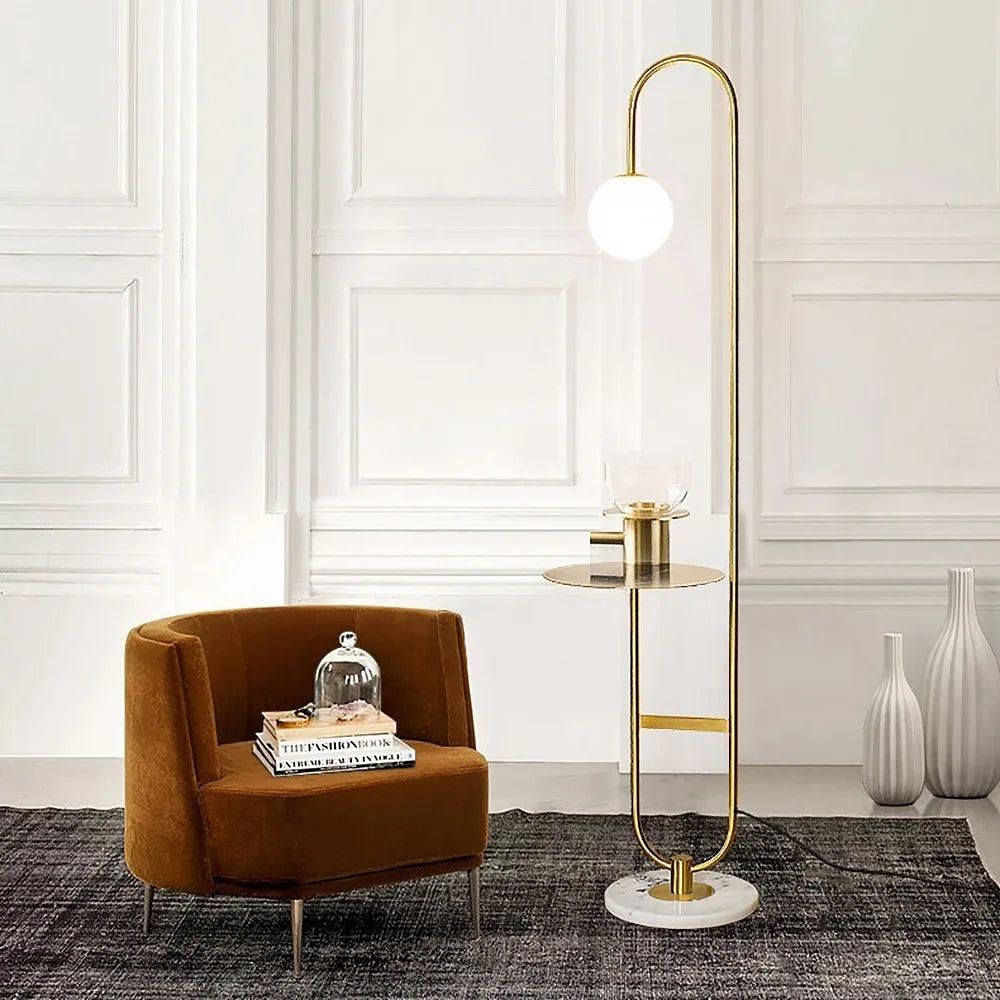 60" Modern Arc Floor Lamp with Shelf Gold Glass Shade Marble Base P7576