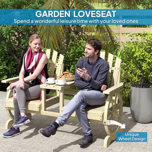 Wooden 2-Seat Garden Bench with Table and Umbrella Hole M52908