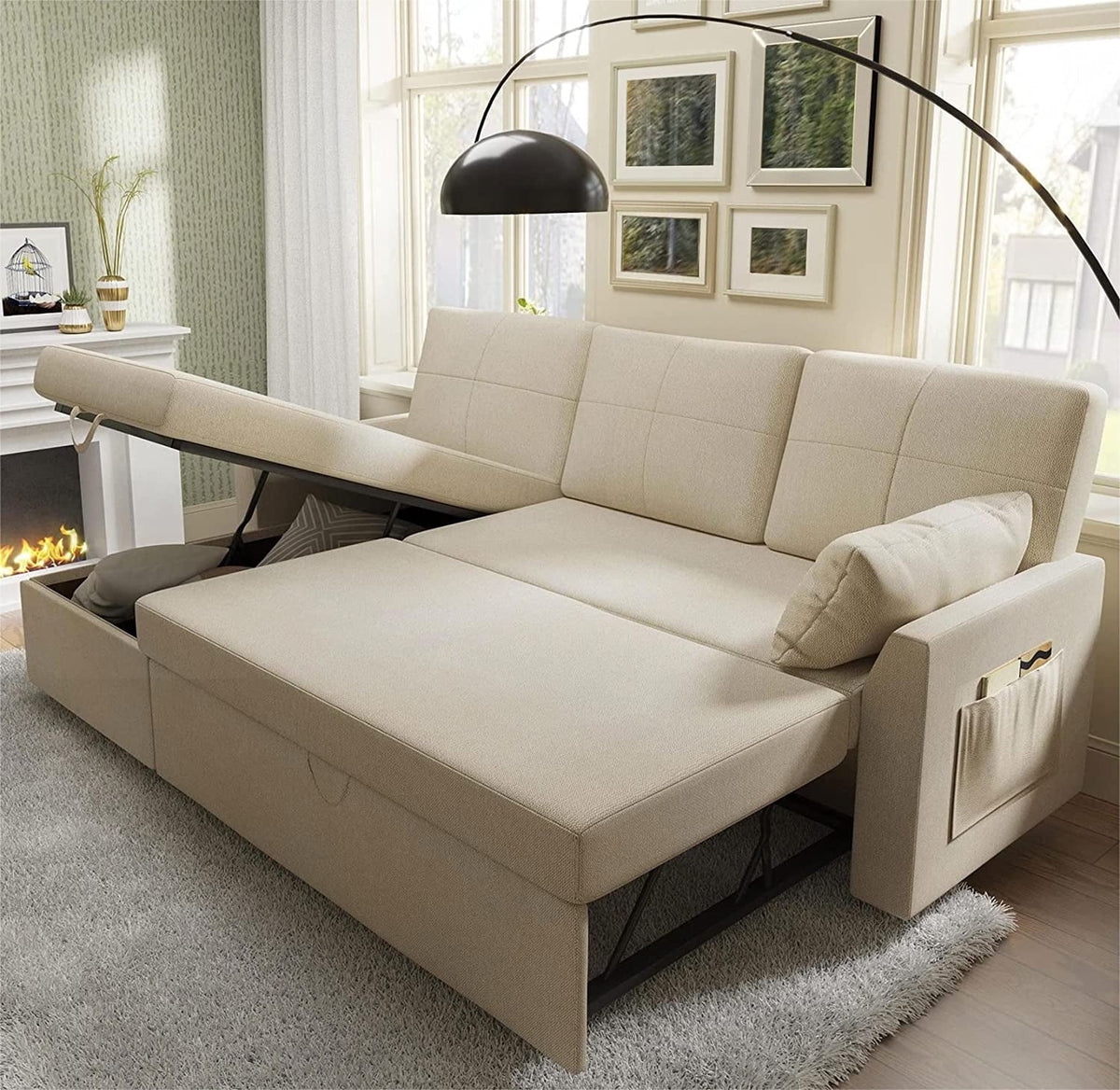 Gray Chenille Sleeper Sofa with Storage Chaise D2876