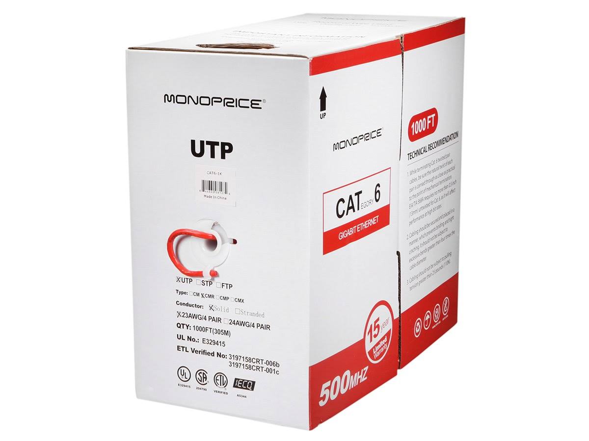 1000ft 23AWG Cat6 UTP Riser Rated Bare Copper Cable - Red F109
