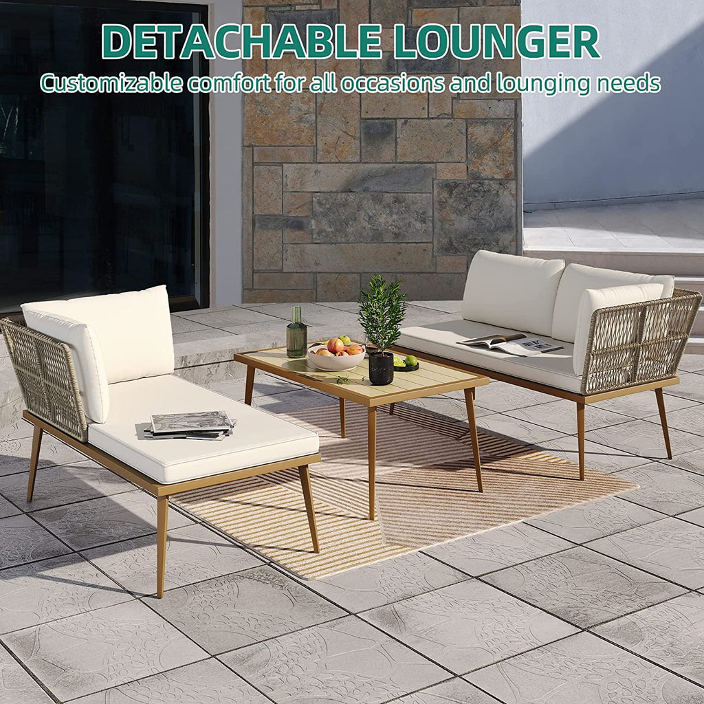 3 Pieces Rattan Woven L-Shaped Sofa with Cushions and Side Table J899457