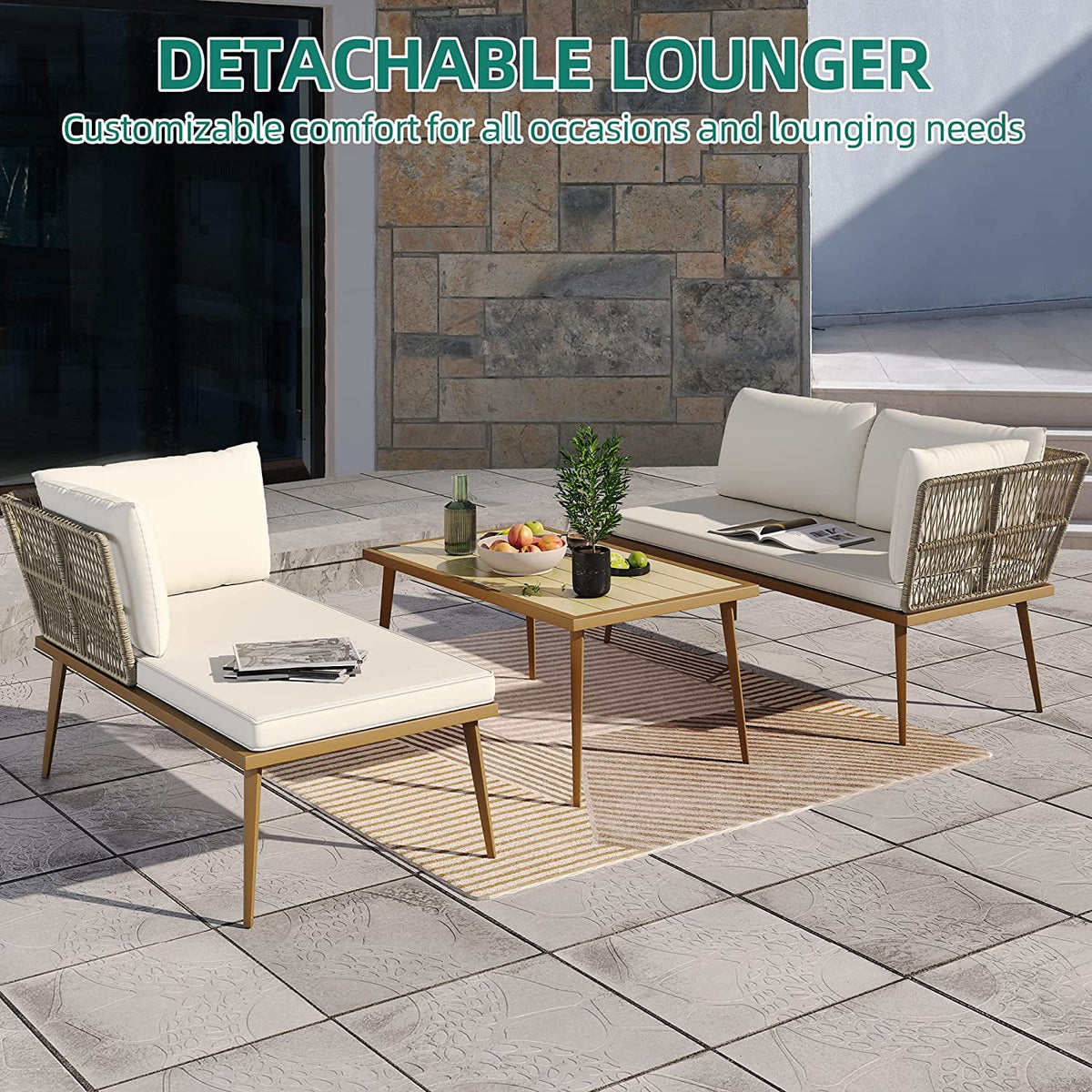 3 Pieces Rattan Woven L-Shaped Sofa with Cushions and Side Table J899457