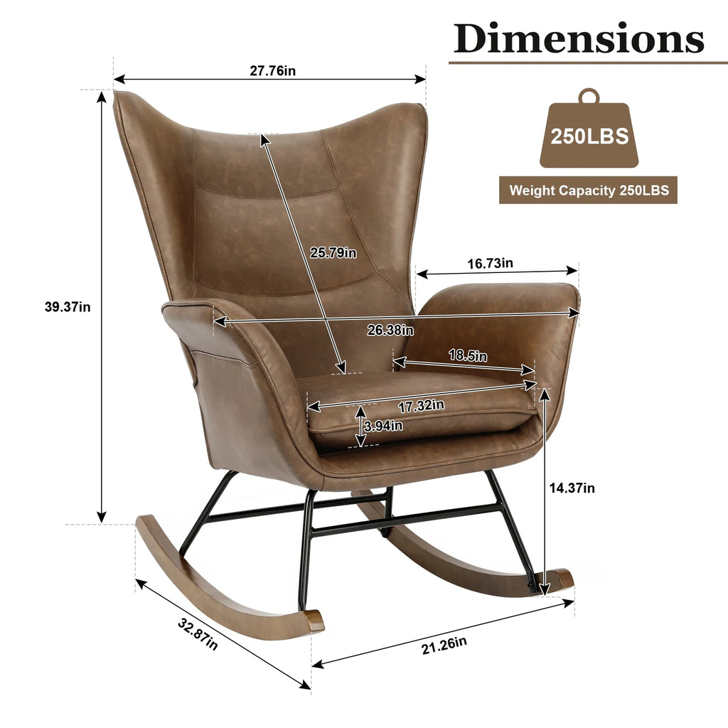 Brown PU Leather Rocker Glider Chair with Wooden Base P610