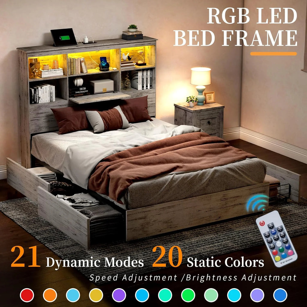Queen Size Wood Storage Bed with 4 Drawers D463254