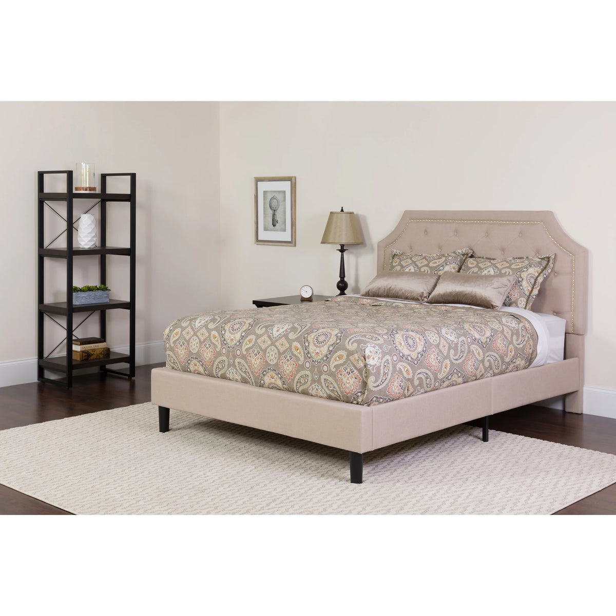 King Size Beige Fabric Upholstered Platform Bed with Pocket Spring Mattress N638826