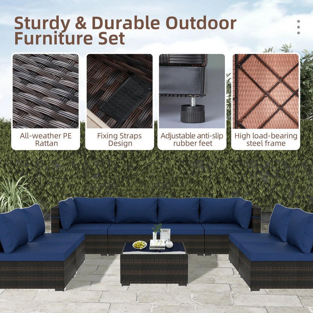 9 Piece PE Rattan Patio Furniture Set with Cushion and Glass Table B4592
