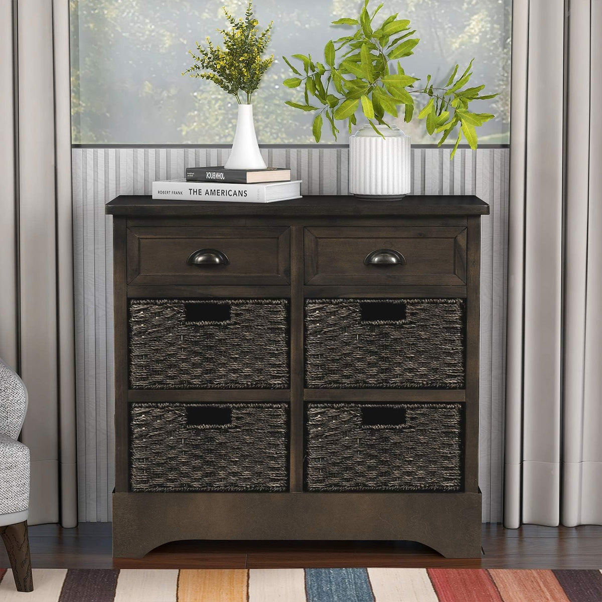 White Storage Cabinet with 2 Drawers and 4 Fabric Baskets N925