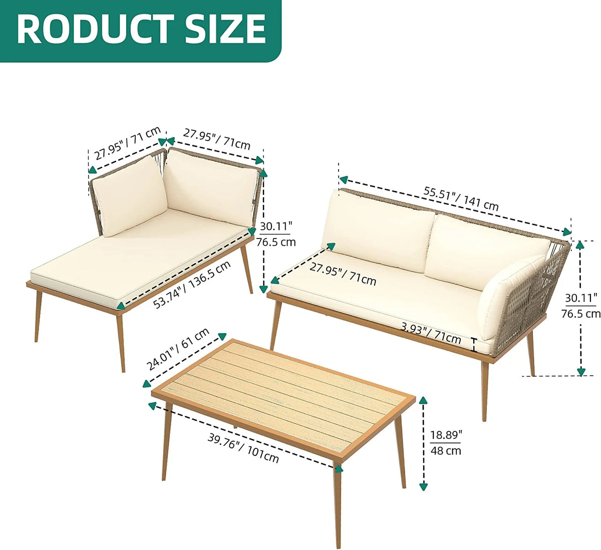 3 Pieces Rattan Woven L-Shaped Sofa with Cushions and Side Table J899457