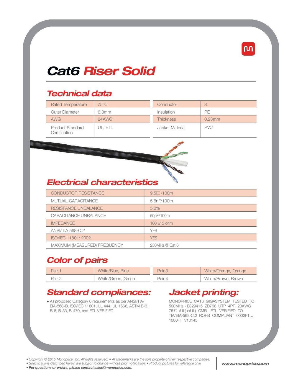 1000ft 23AWG Cat6 UTP Riser Rated Bare Copper Cable - Red F109