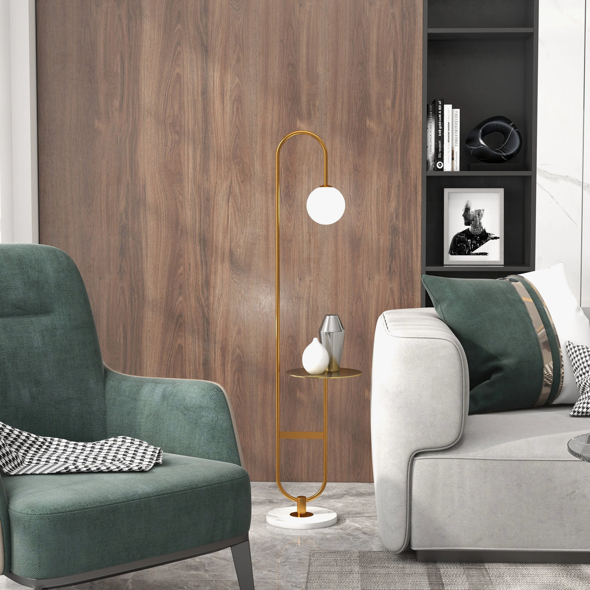 60" Modern Arc Floor Lamp with Shelf Gold Glass Shade Marble Base P7576