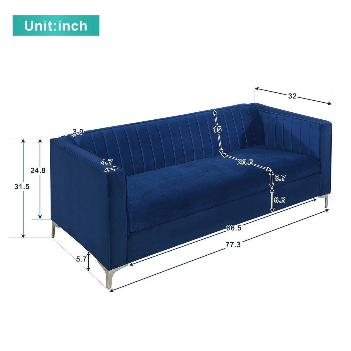 Blue Velvet Loveseat Sofa with Metal Legs G259