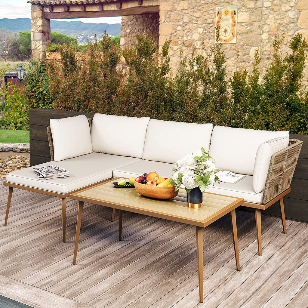 3 Pieces Rattan Woven L-Shaped Sofa with Cushions and Side Table J899457