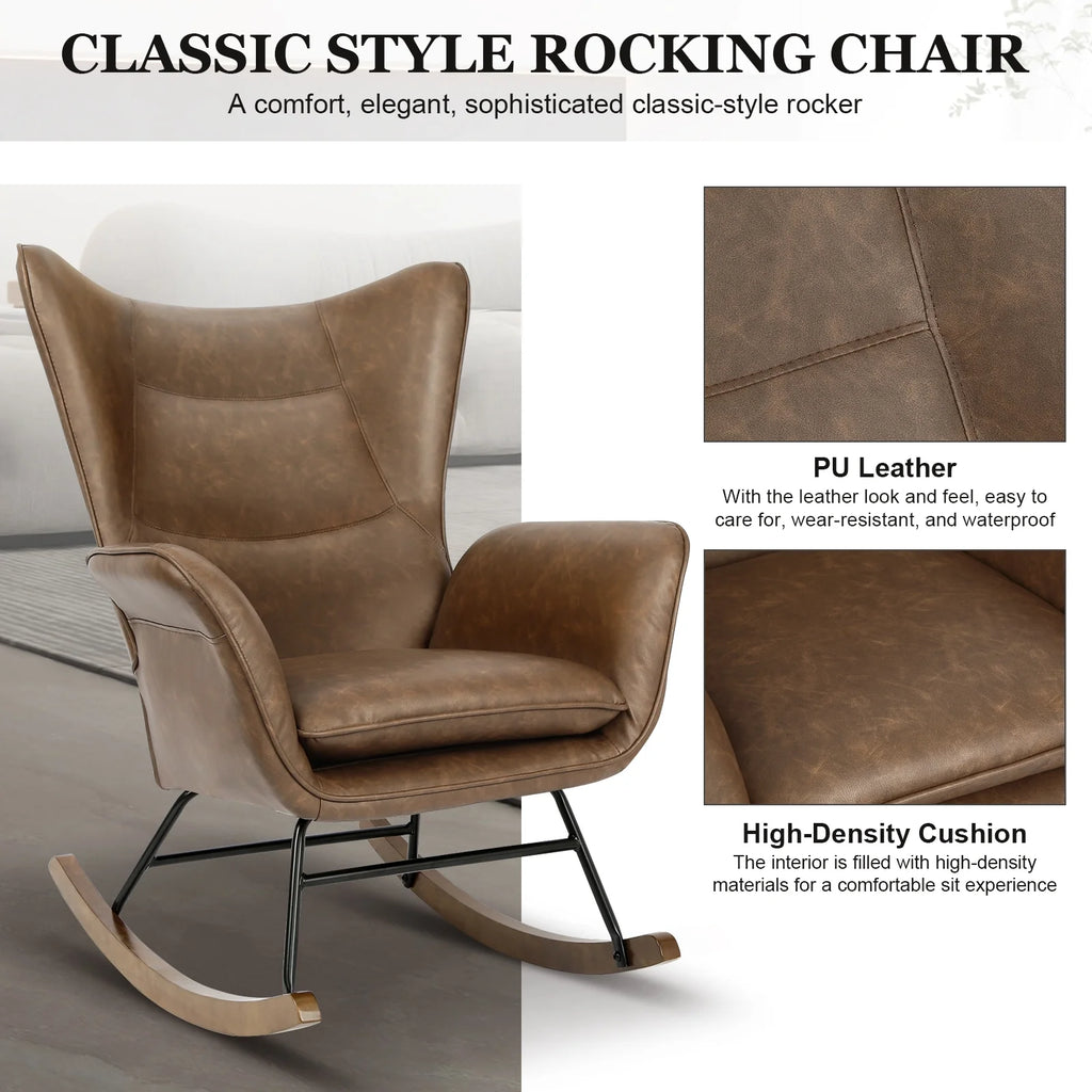 Brown PU Leather Rocker Glider Chair with Wooden Base P610