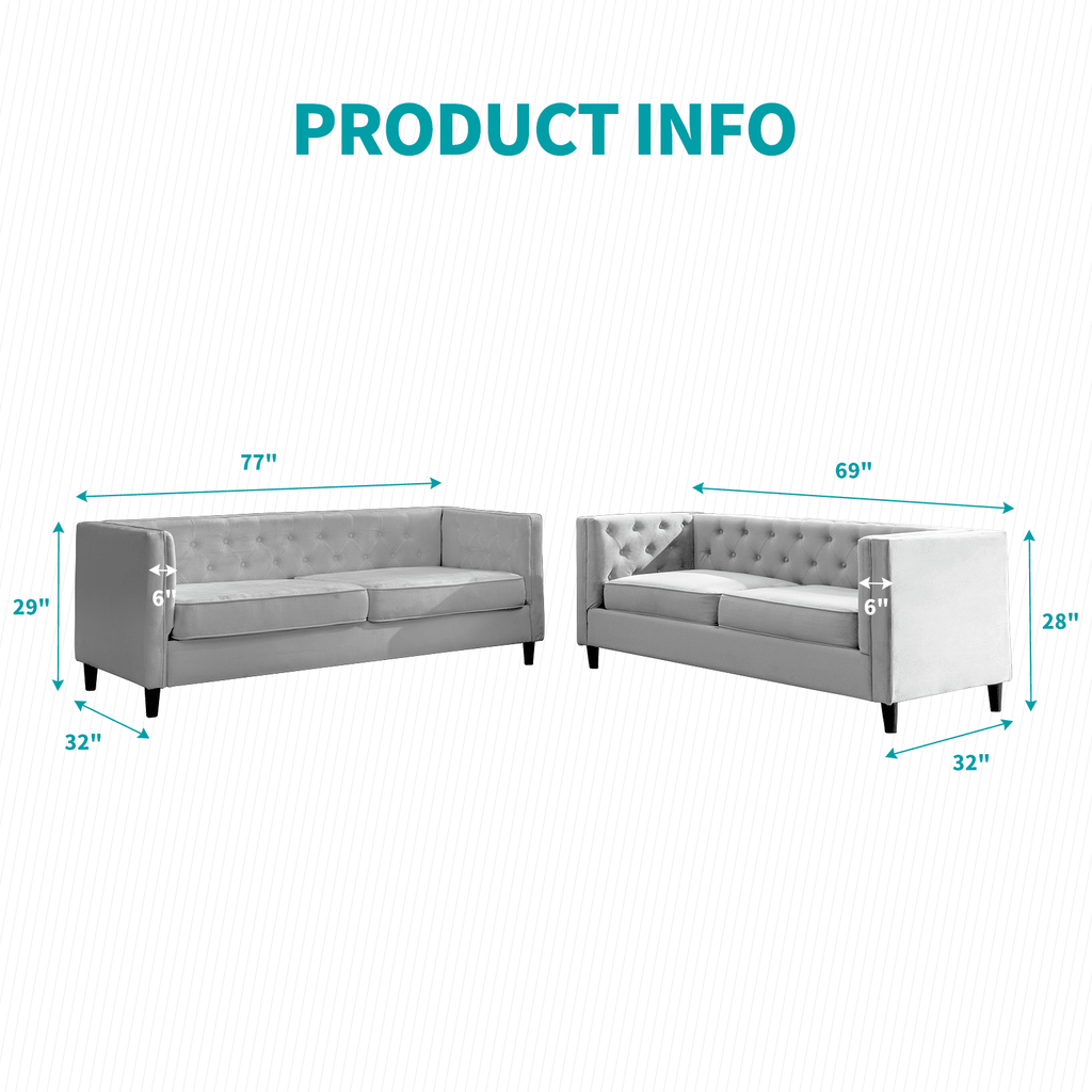 Velvet Sofa Set Loveseat and 3 Seater Sofa Couch Set Light Gray X9358