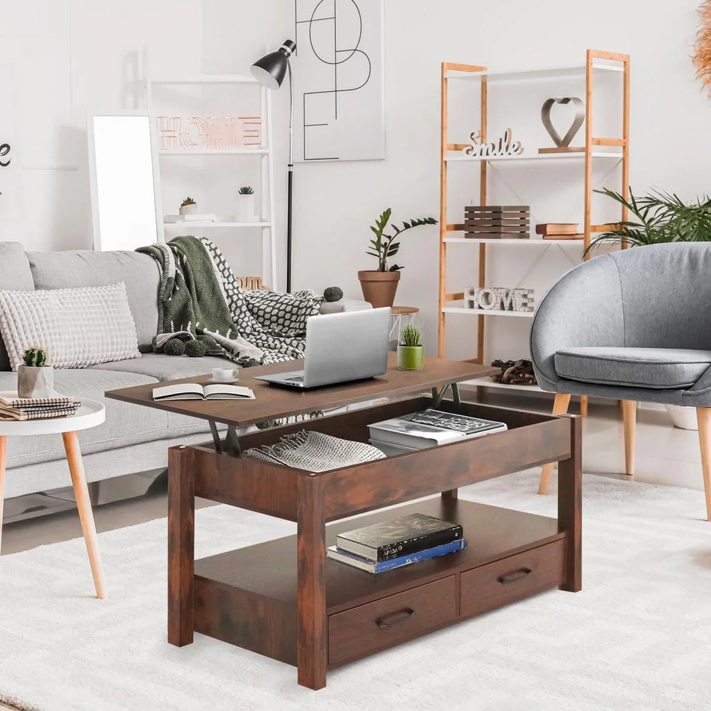 Lift Top Coffee Table with Hidden Compartment and 2 Storage Shelves Y6124