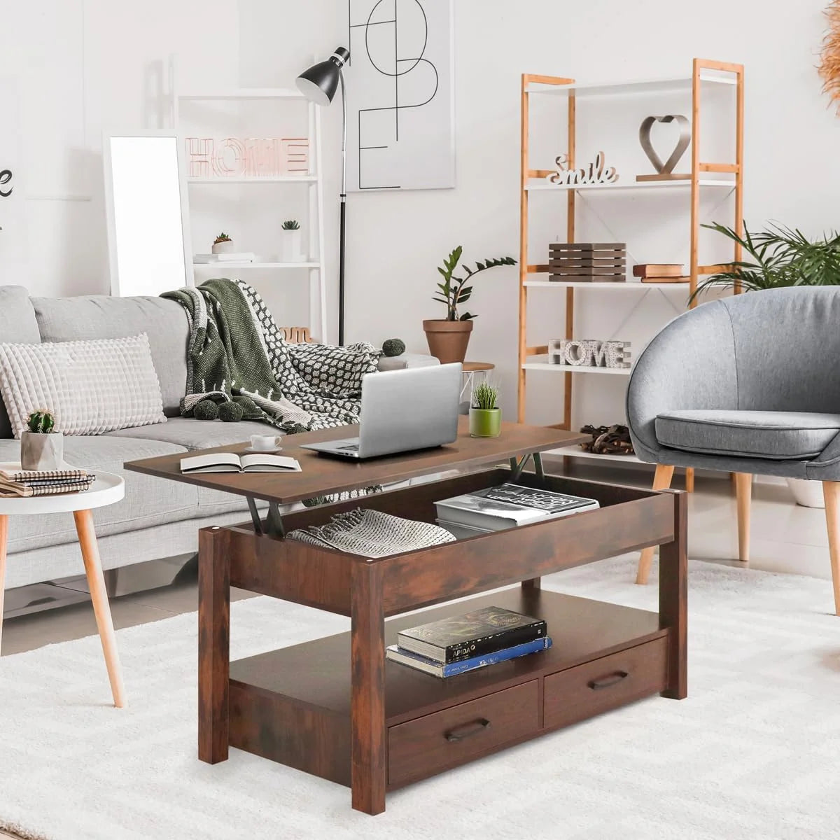 Lift Top Coffee Table with Hidden Compartment and 2 Storage Shelves Y6124