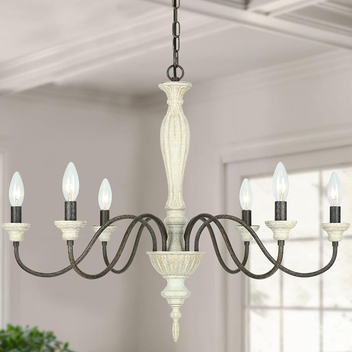 6-Light Chandelier with Imitation Wood and Stardust Iron D280799