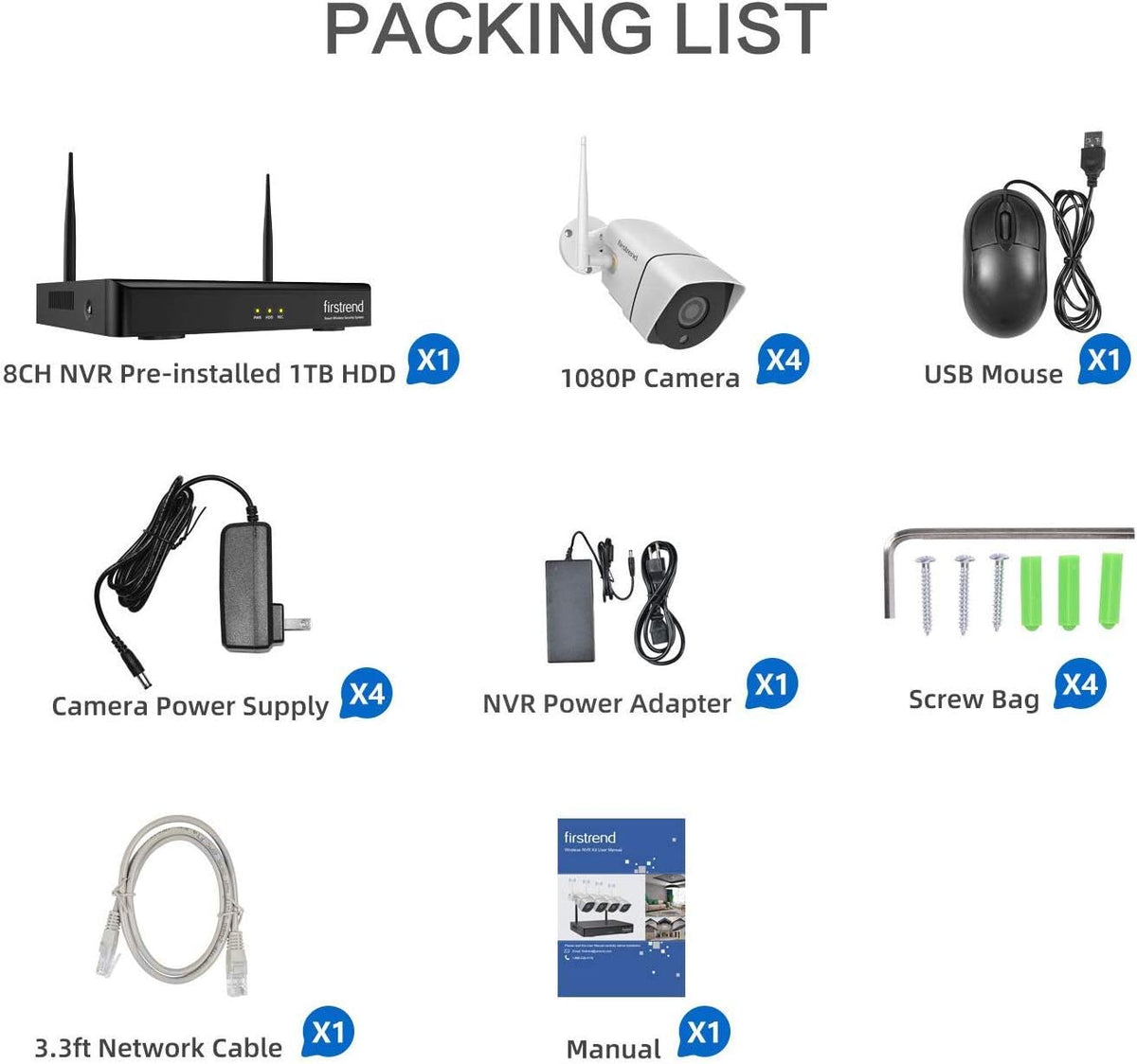 Wireless 1080P 8CH Security Camera System with 4pcs 2MP Cameras 1TB HDD Night Vision M6725