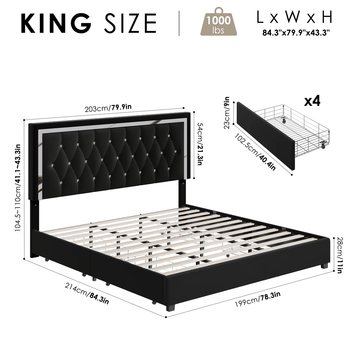 King Size Storage Bed with 4 Drawers, Black Upholstered Platform Bed Frame with Adjustable Headboard N80594