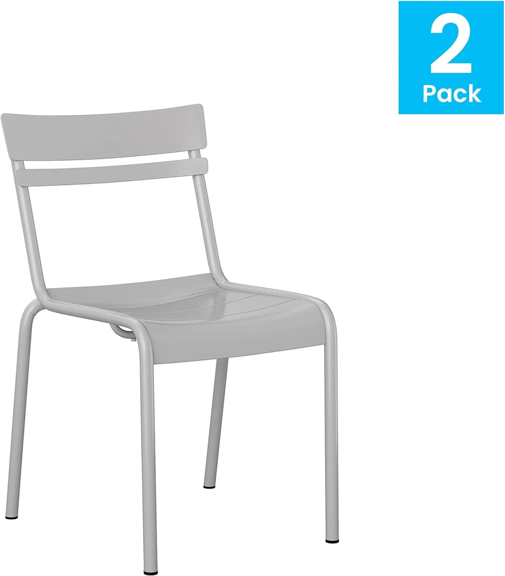 Steel Stack Chair, Indoor-Outdoor Armless Chair With 2 Slat Back In Silver, Set Of 2 G91418