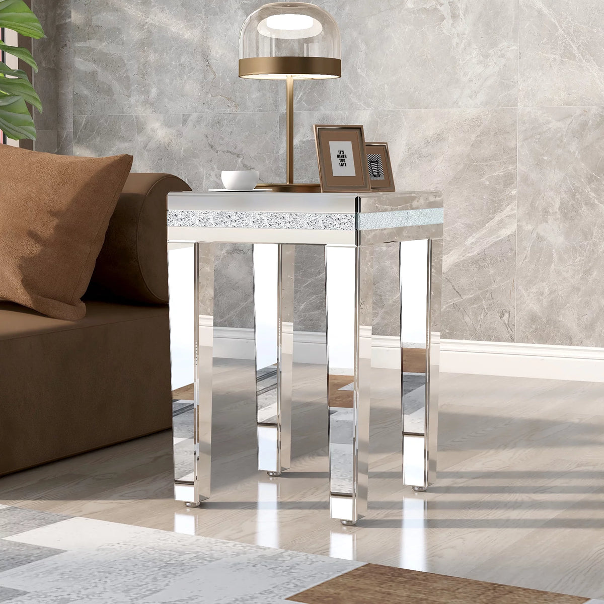 Modern Glass Mirrored Side Table with Crystal Design and Adjustable Height Legs G704