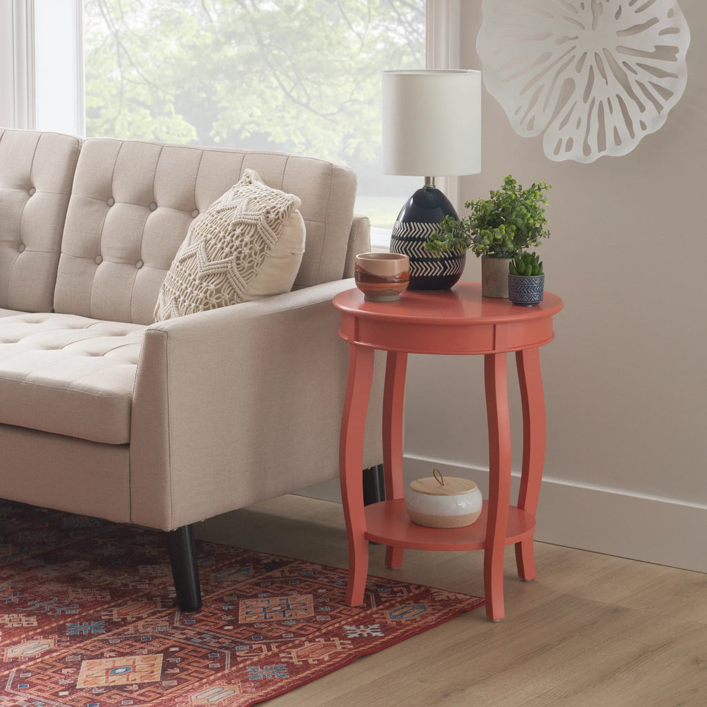 Round Indoor Accent Side Table with Shelf, 24" Tall, Coral Z113499