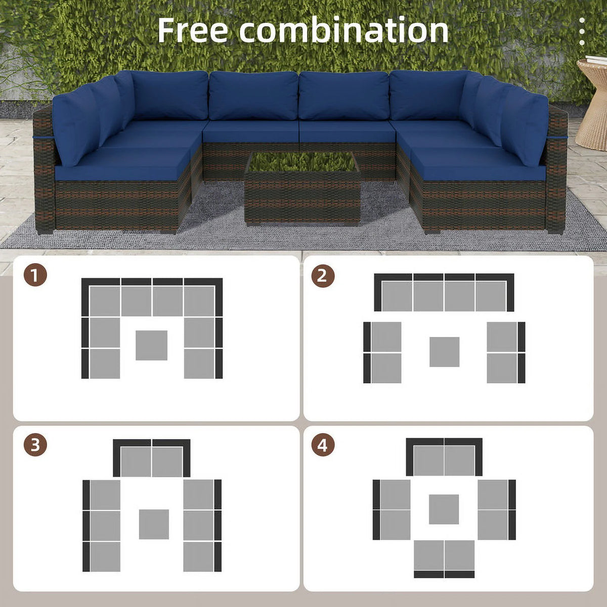 9 Piece PE Rattan Patio Furniture Set with Cushion and Glass Table B4592
