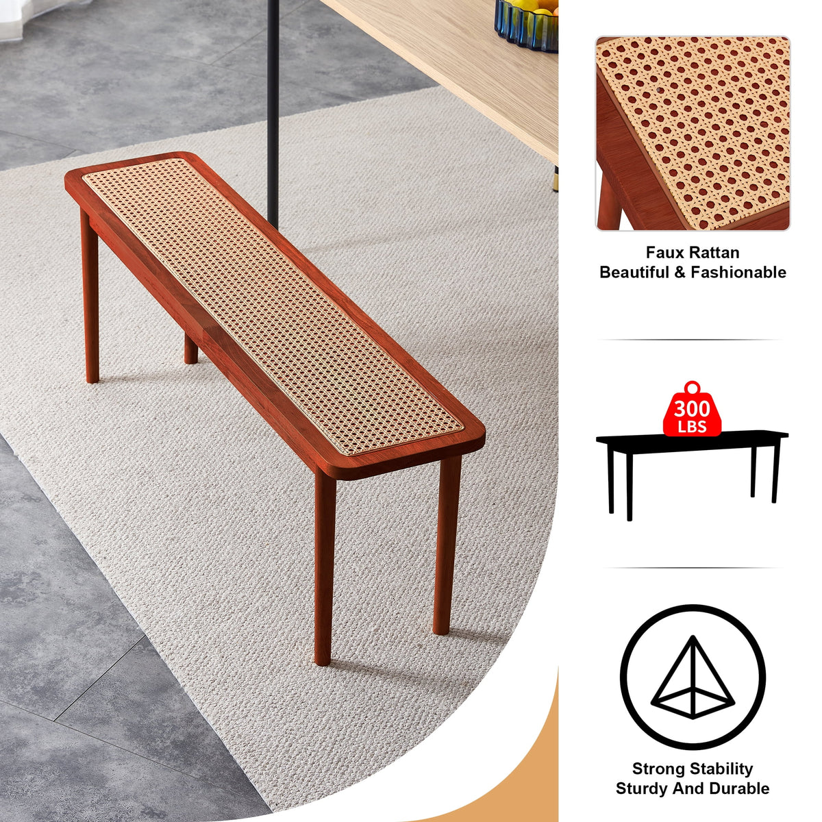 Solid Wood Rattan Woven Bench P6996