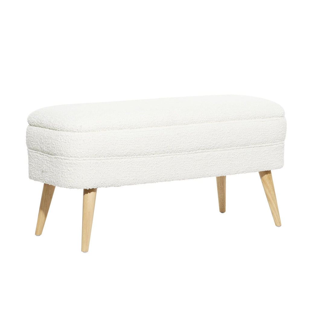 White Polyester Boucle Upholstered Storage Bench with Wood Legs J2551