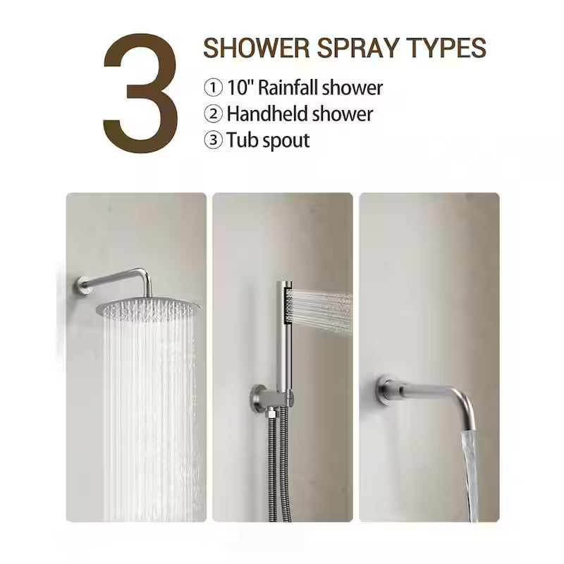 10 in. 3-Spray Wall Mount Shower Head and Tub Faucet 2.5 GPM Brushed Nickel P10610