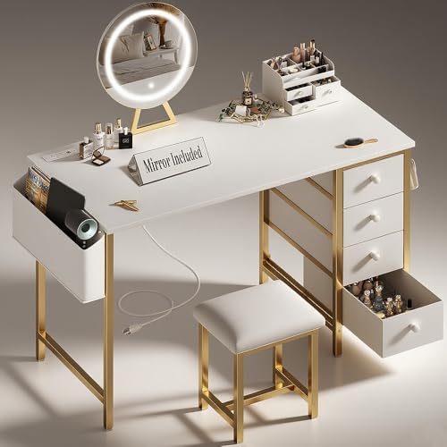 Gold Vanity Desk with Mirror and Light and Chair K8334