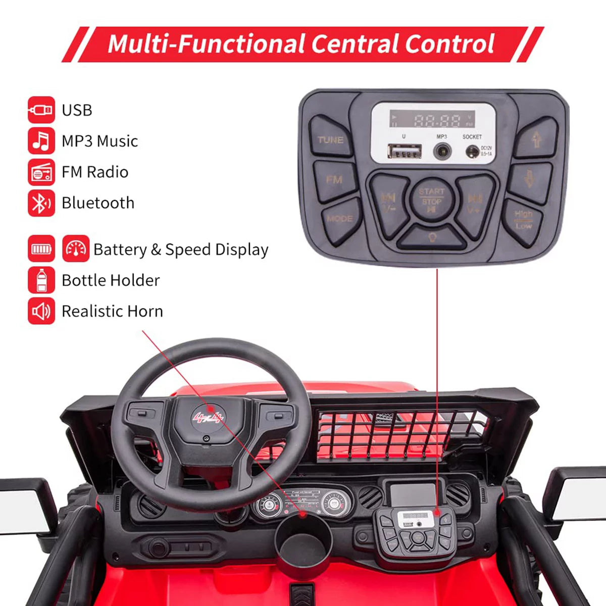 2-Seater Kids Ride on Car with Remote Control, 24V Electric Vehicle Toy with Storage Space, Red Z584849