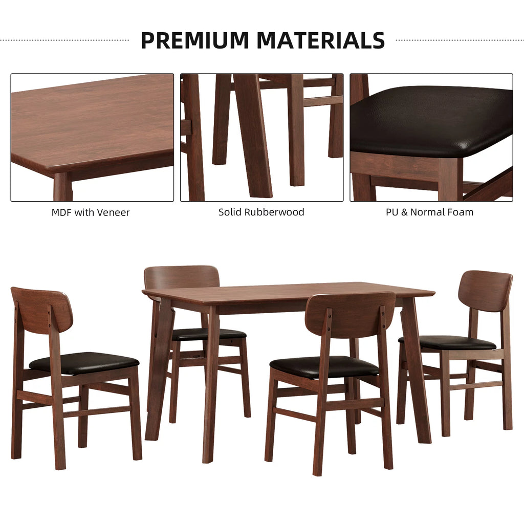 5 Pieces Dining Table Set with 4 Chairs Solid Rubberwood C80467