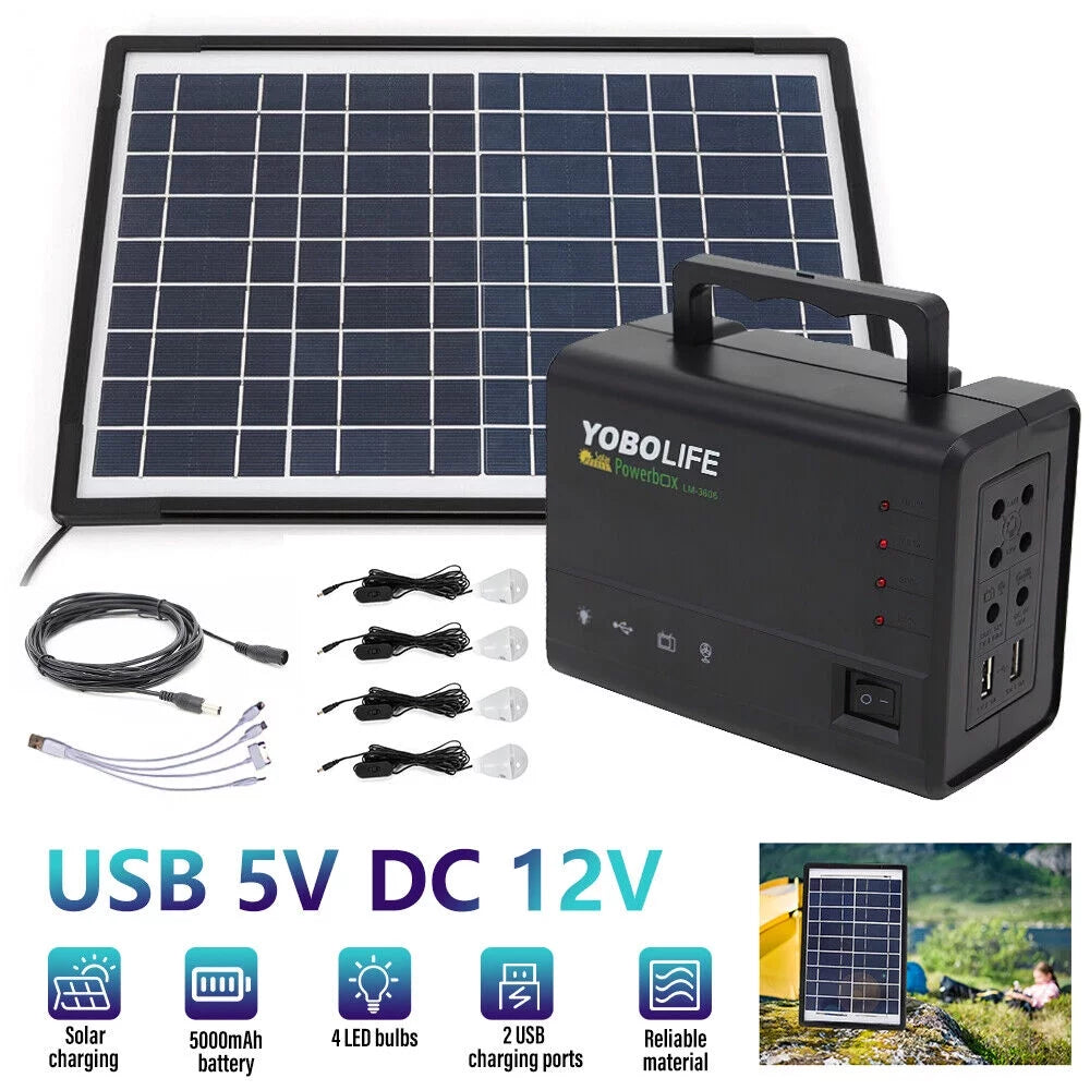 Solar Panel Generator System Portable Home Kit LED Light 12V USB Charger Camping X41522