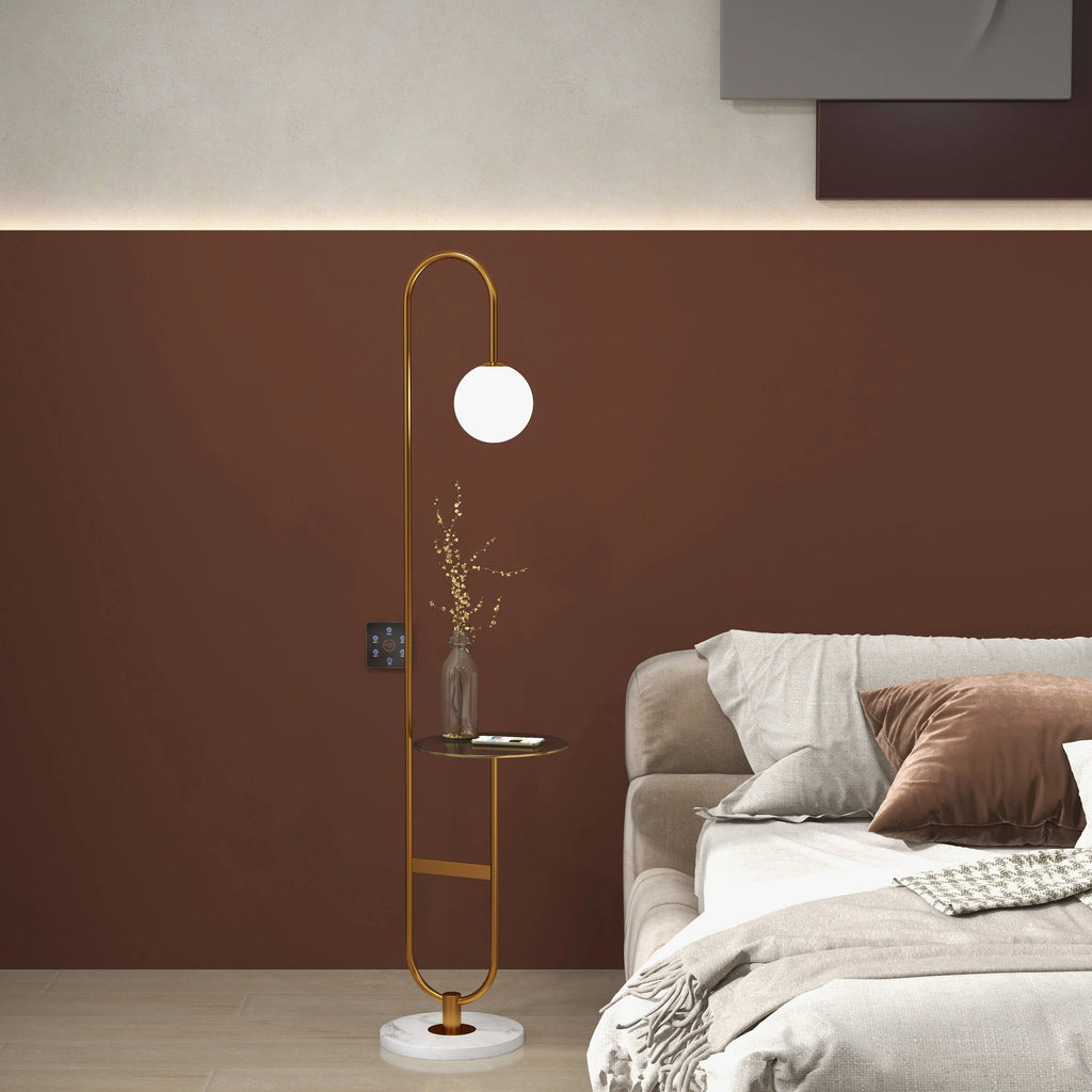 60" Modern Arc Floor Lamp with Shelf Gold Glass Shade Marble Base P7576