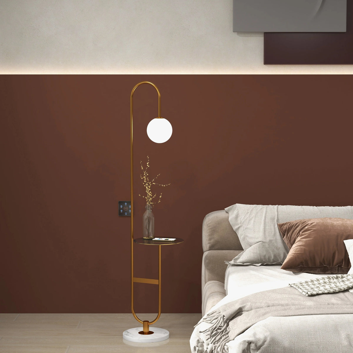 60" Modern Arc Floor Lamp with Shelf Gold Glass Shade Marble Base P7576