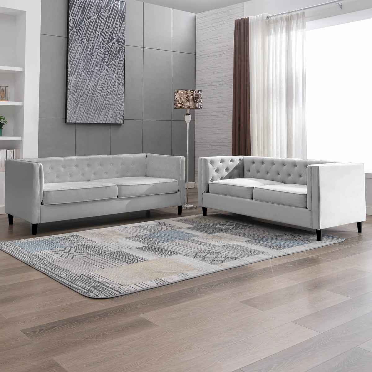 Velvet Sofa Set Loveseat and 3 Seater Sofa Couch Set Light Gray X9358
