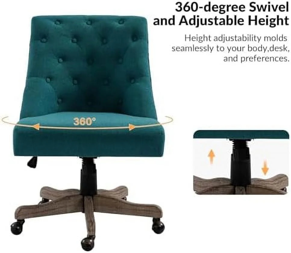 Blue Tufted Upholstered Desk Chair with Wood Base T4913